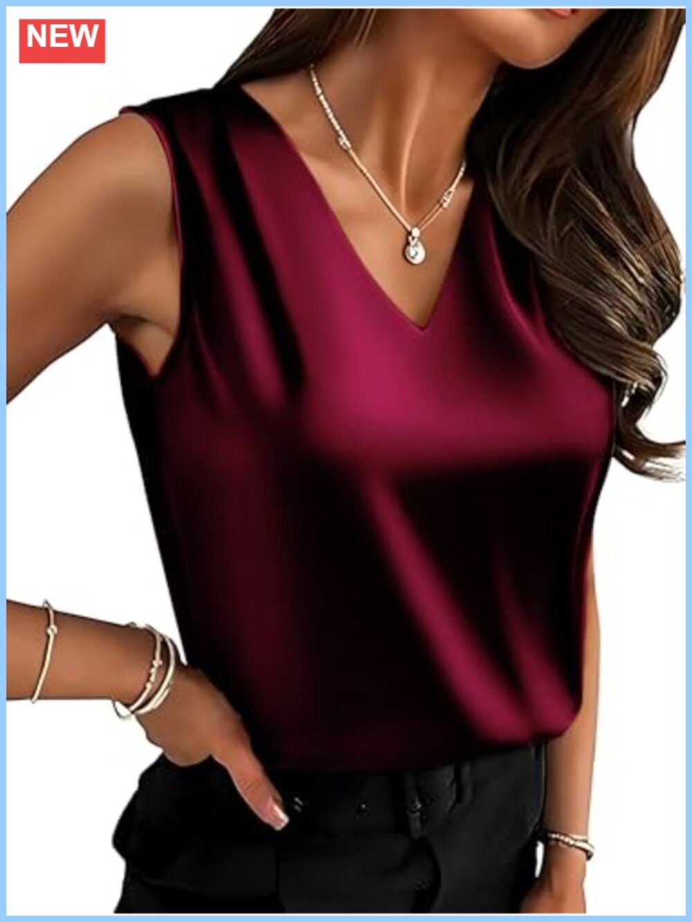 Womens Silk Satin Sleeveless V Neck Tank Top Pleated Loose Fit Summer Casual